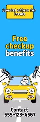 Anúncio de arte pop azul-celeste e amarelo oferecendo benefícios de inspeção gratuita de carros para moradores locais