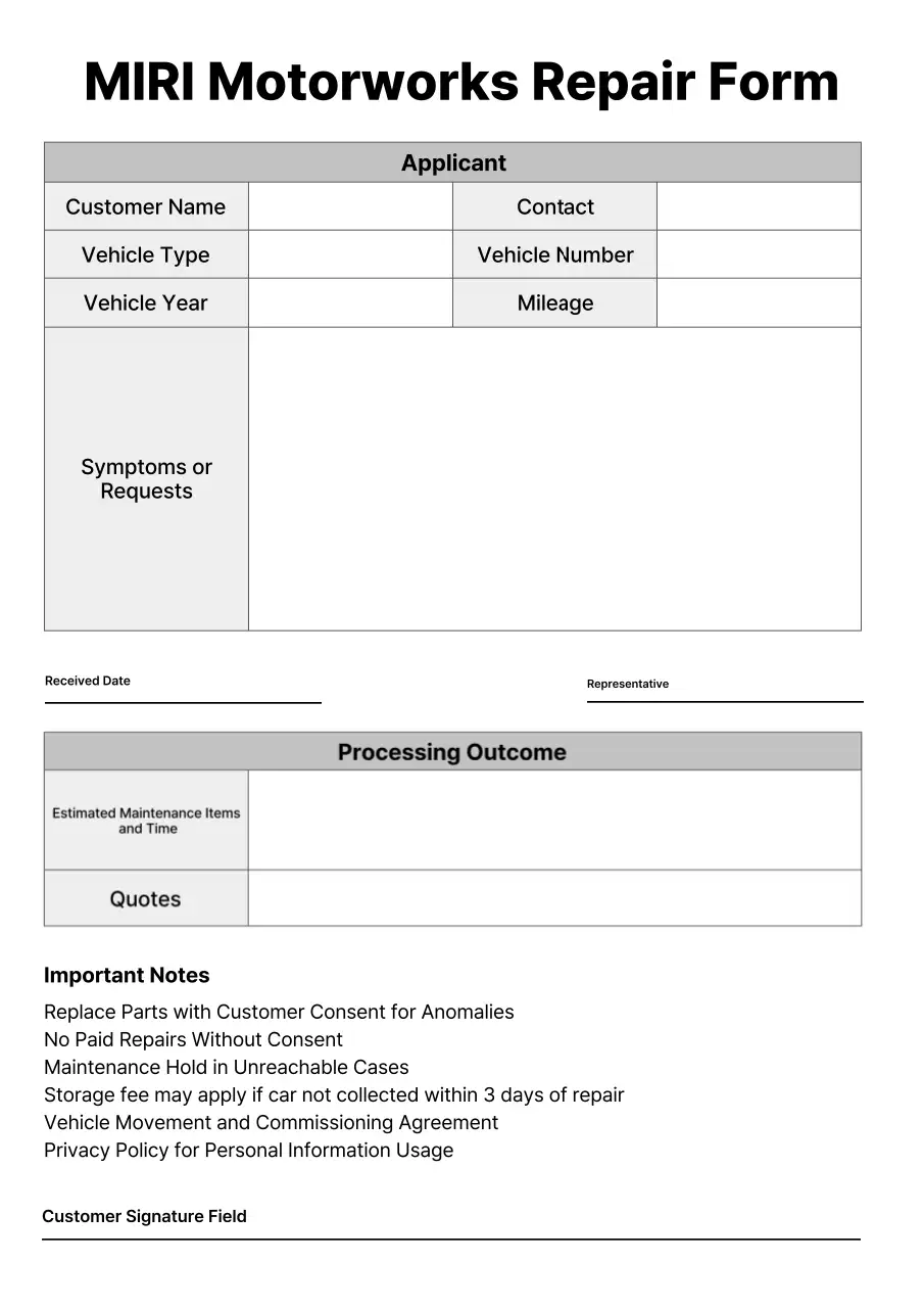 Báo cáo tiếp nhận sửa chữa xe trung tâm ô tô màu trắng và đen đơn giản