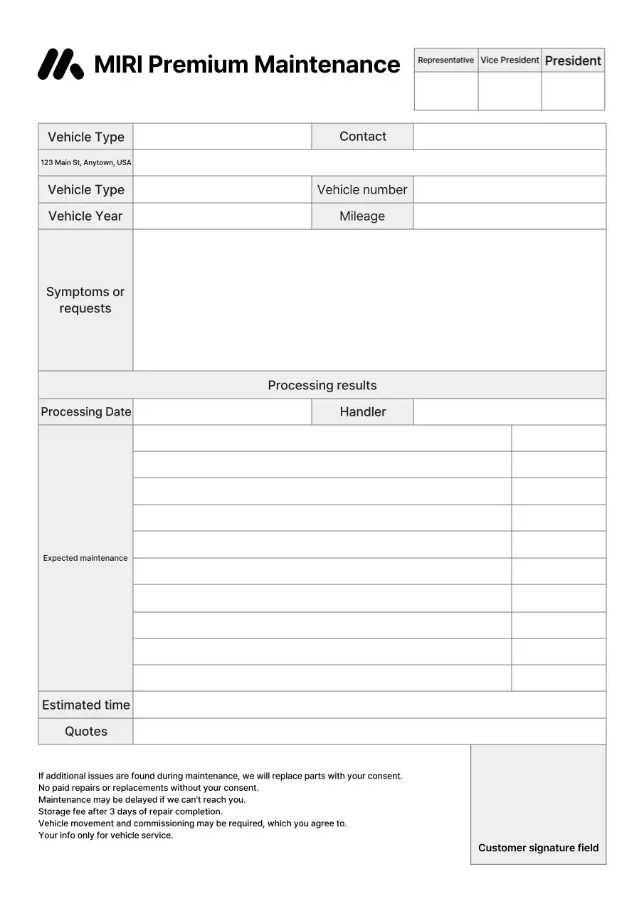 Báo cáo tiếp nhận sửa chữa xe trung tâm ô tô đen trắng sạch sẽ