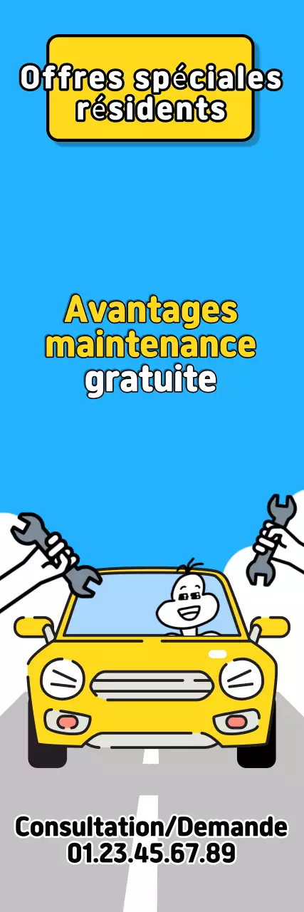 Publicité pop art bleu ciel et jaune pour les avantages d'une inspection automobile gratuite pour les résidents locaux