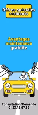 Publicité pop art bleu ciel et jaune pour les avantages d'une inspection automobile gratuite pour les résidents locaux