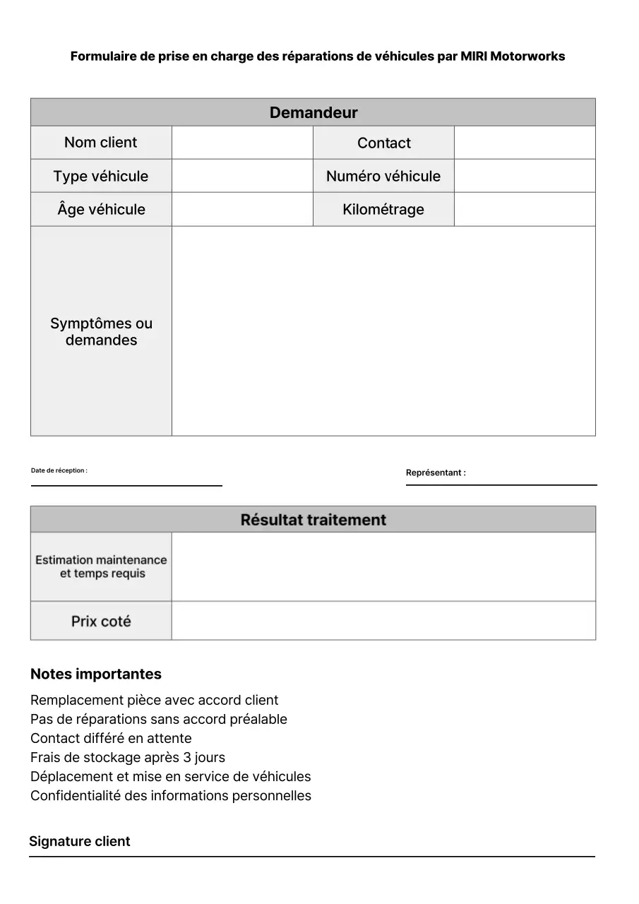 Rapport de réception de réparation de véhicule simple blanc et noir