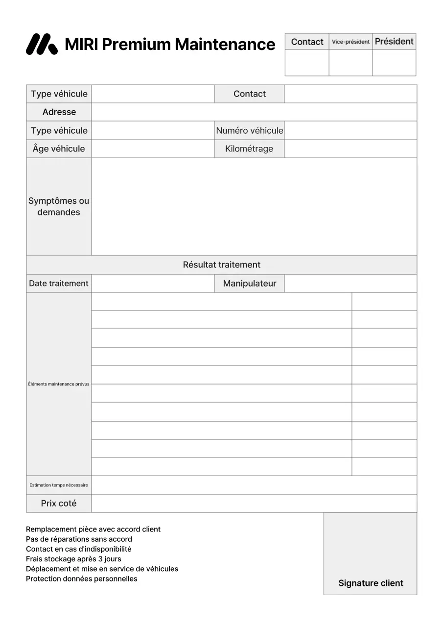 Rapport de réception de réparation de véhicule de centre automobile propre en noir et blanc