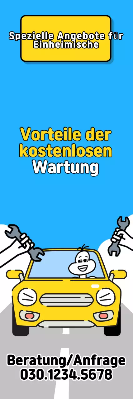 Himmelblaue und gelbe Pop-Art-Werbung für die Vorteile einer kostenlosen Autoinspektion für Anwohner