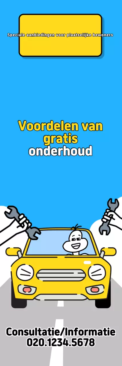 Pop-artadvertentie in hemelsblauw en geel voor gratis auto-inspectievoordelen voor lokale bewoners