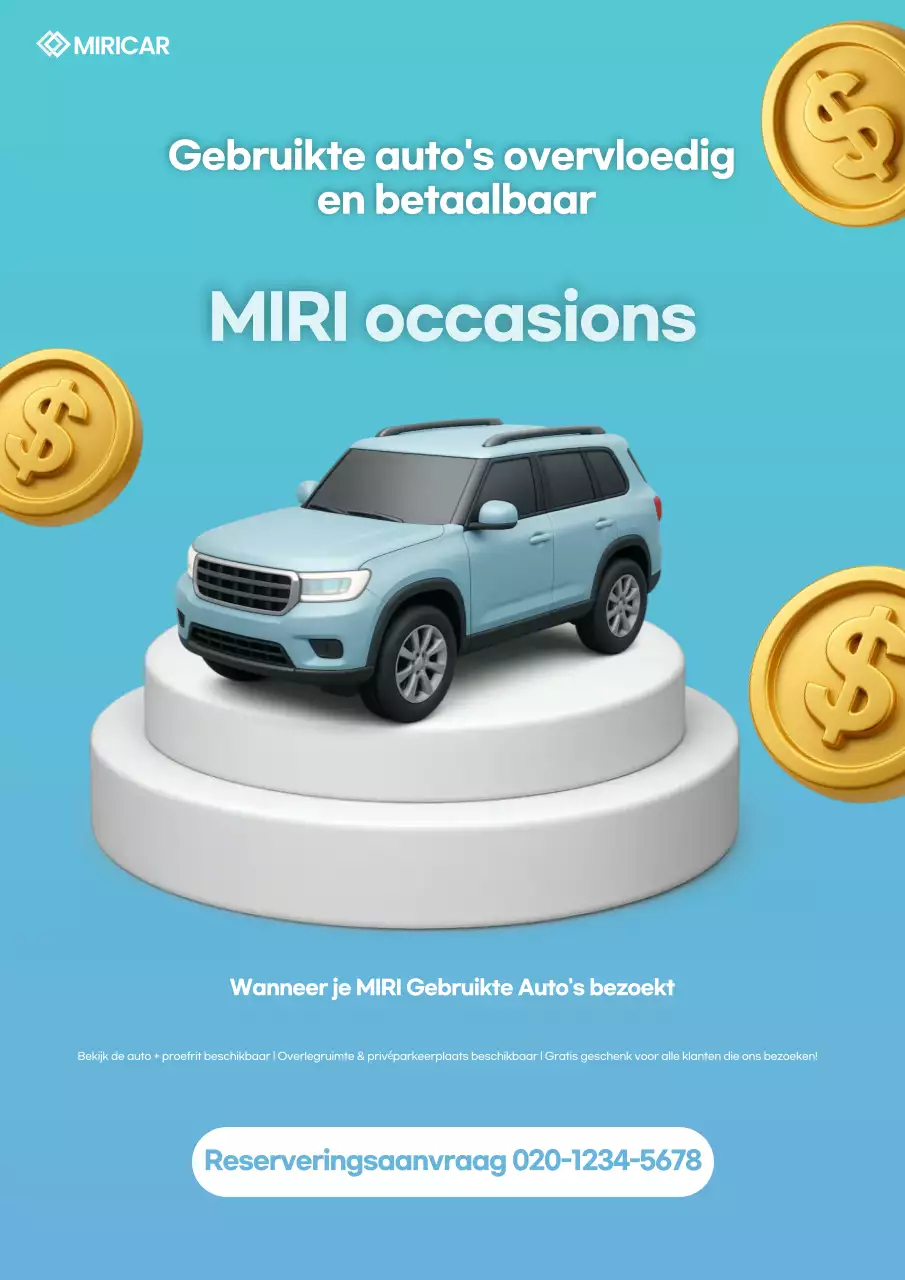 Advertentie voor moderne, hemelsblauwe tweedehandsauto's