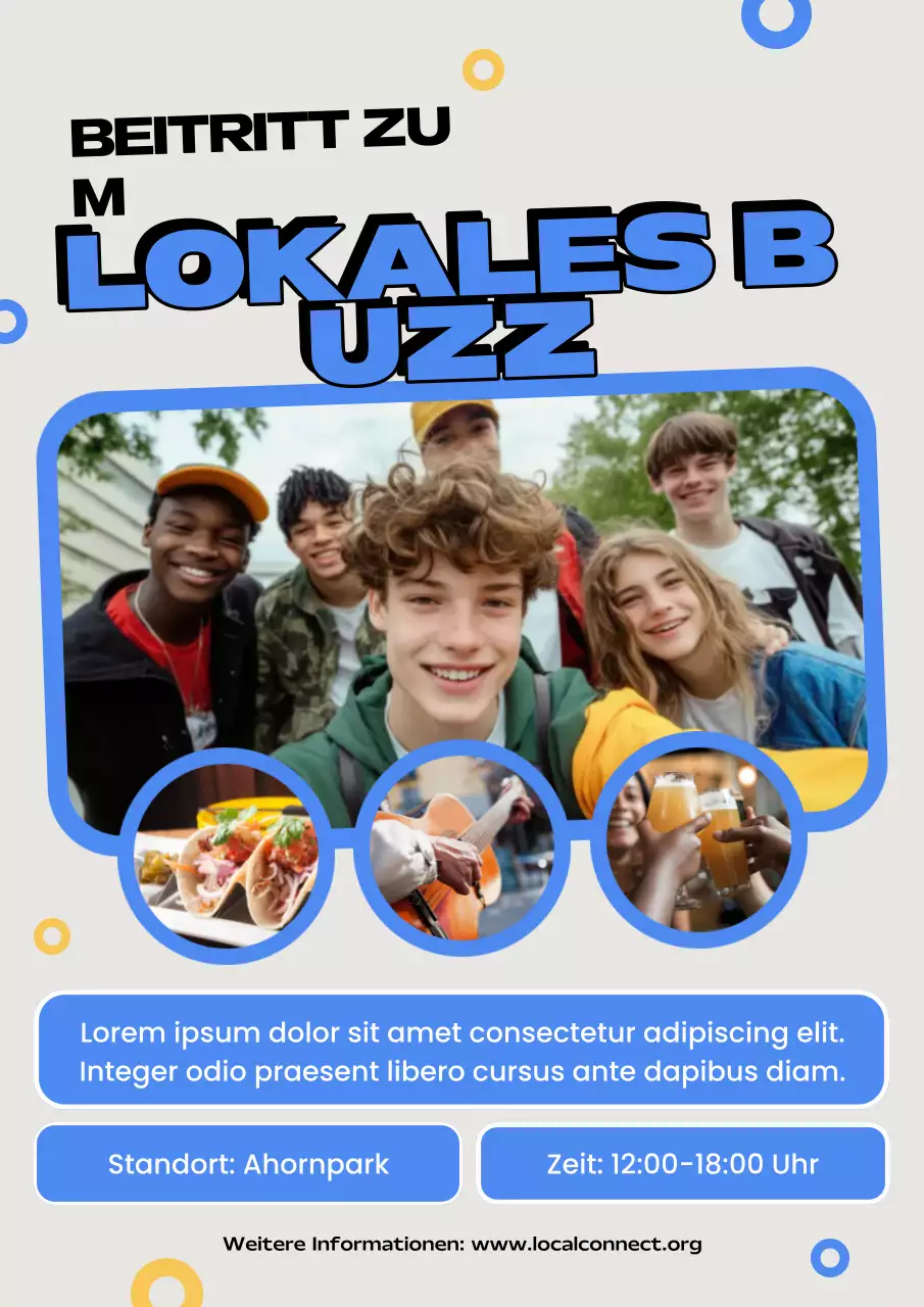 Blaues Poster zur Ankündigung moderner Gemeinschaftsveranstaltungen