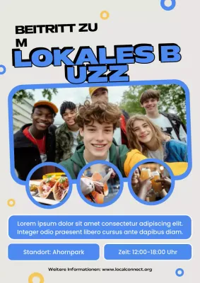 Blaues Poster zur Ankündigung moderner Gemeinschaftsveranstaltungen