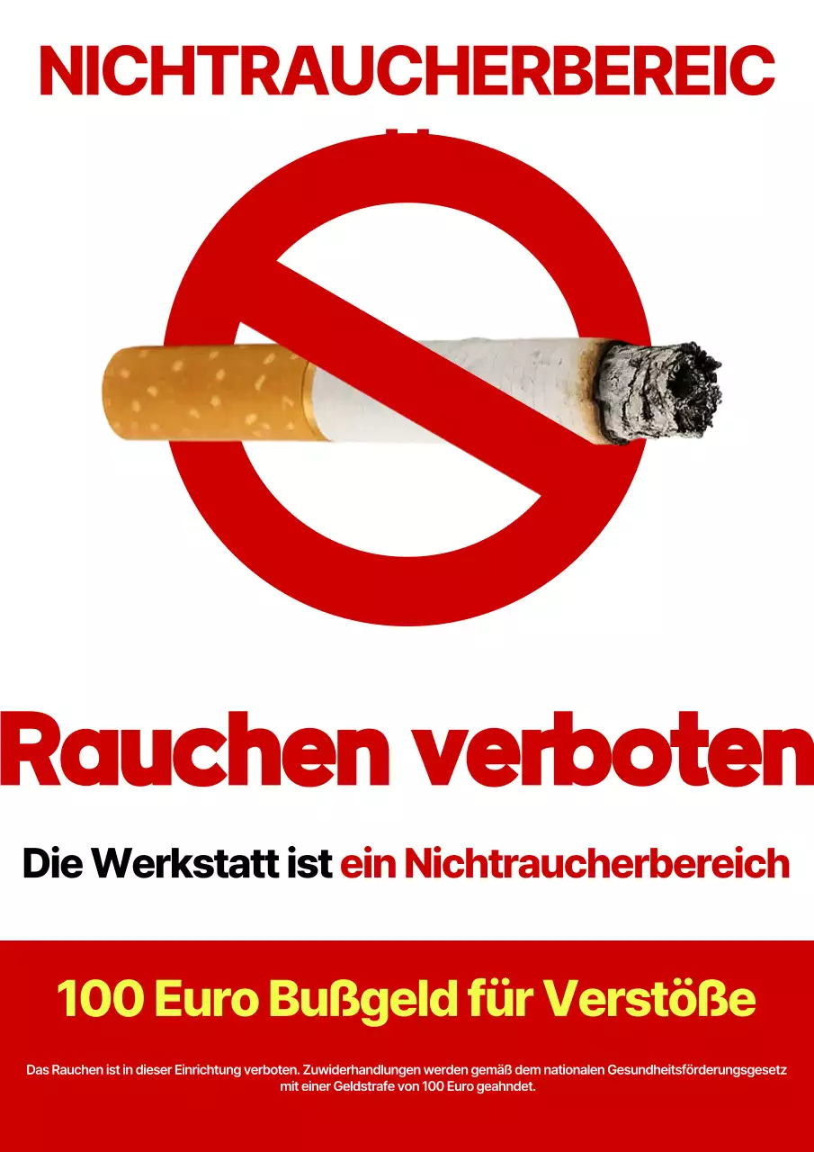 Rot-weißer Hinweis auf einen sauberen Wartungsladen, in dem Rauchen verboten ist