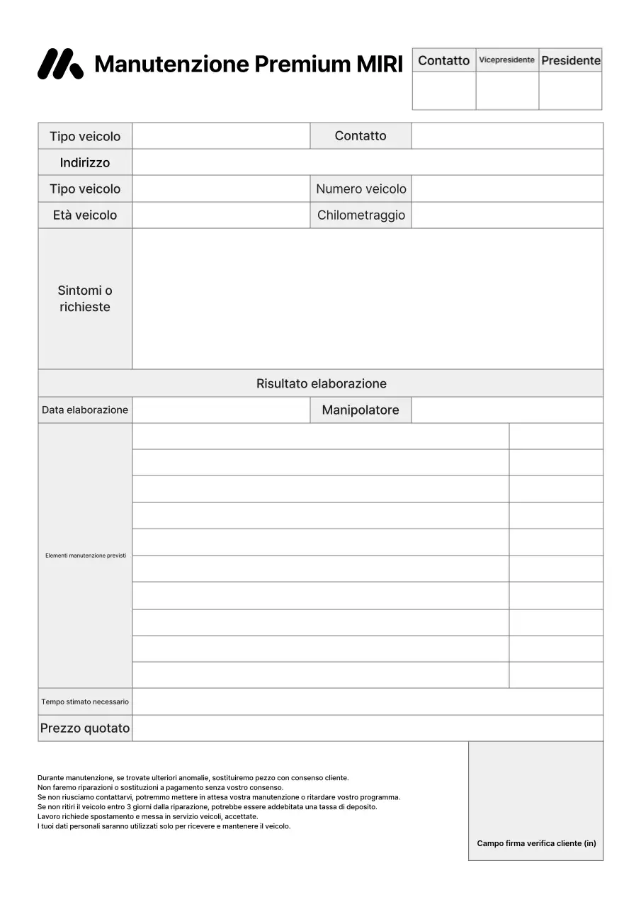 Rapporto di ricezione della riparazione del veicolo pulito in bianco e nero del centro auto