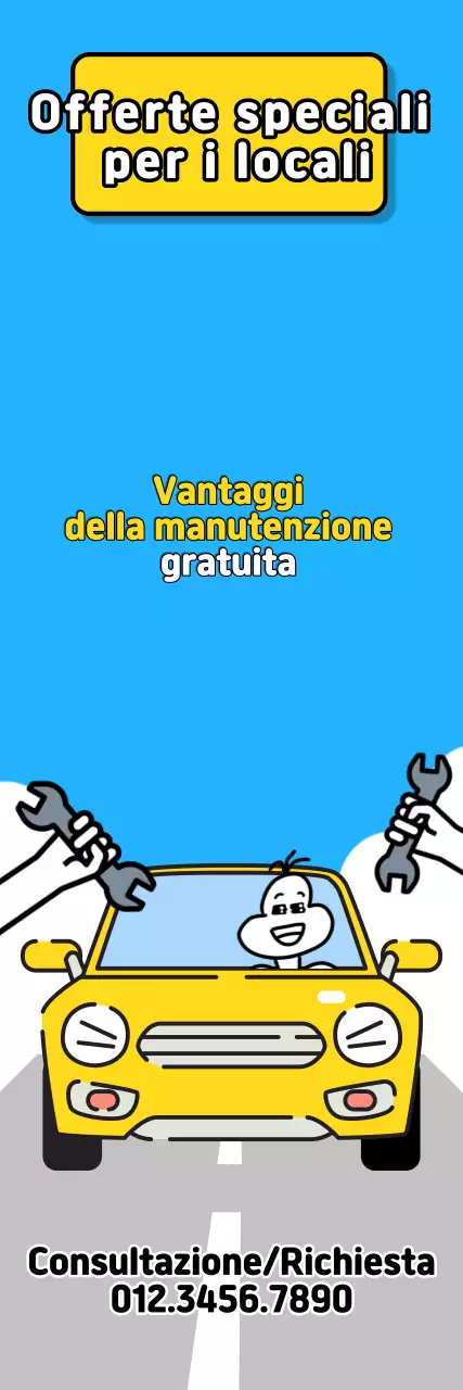 Pubblicità pop art azzurra e gialla per i vantaggi dell'ispezione gratuita delle auto per i residenti locali