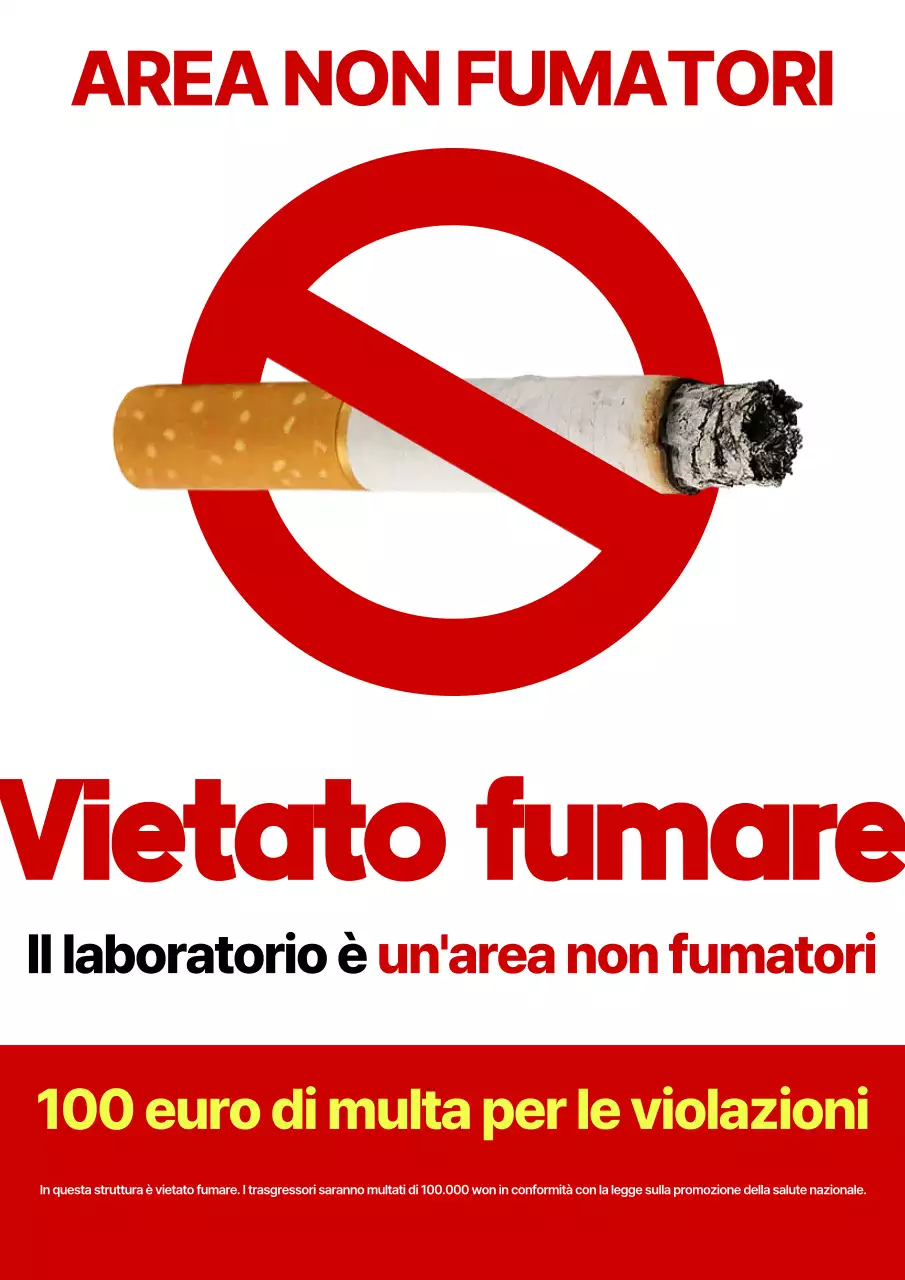 Avviso di divieto di fumo in un'officina di manutenzione pulita, rossa e bianca