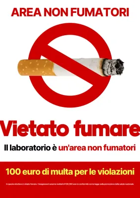 Avviso di divieto di fumo in un'officina di manutenzione pulita, rossa e bianca