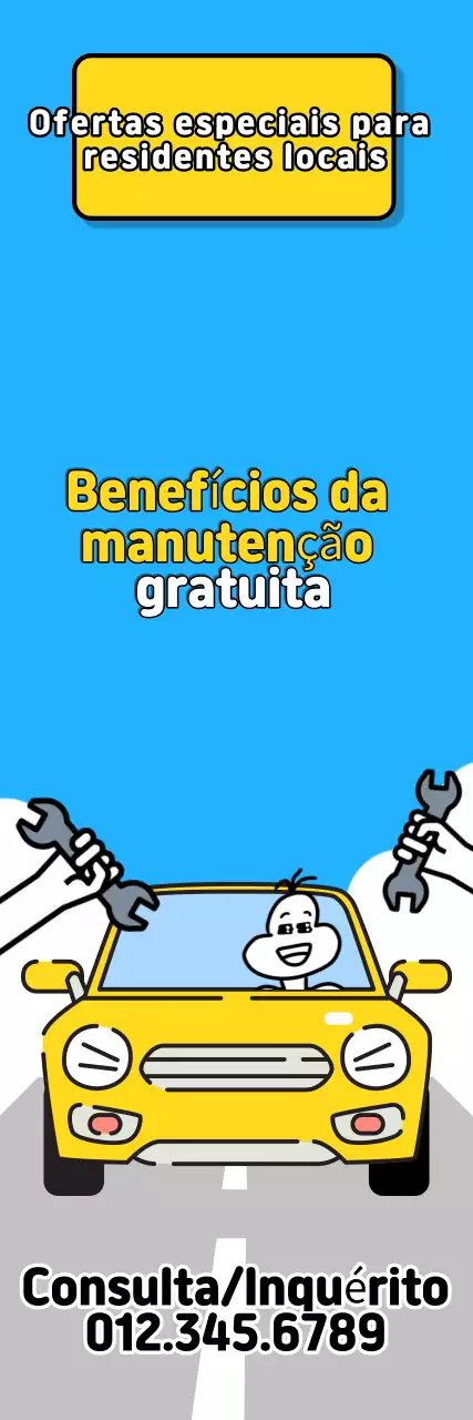 Anúncio de arte pop azul-celeste e amarelo oferecendo benefícios de inspeção gratuita de carros para moradores locais