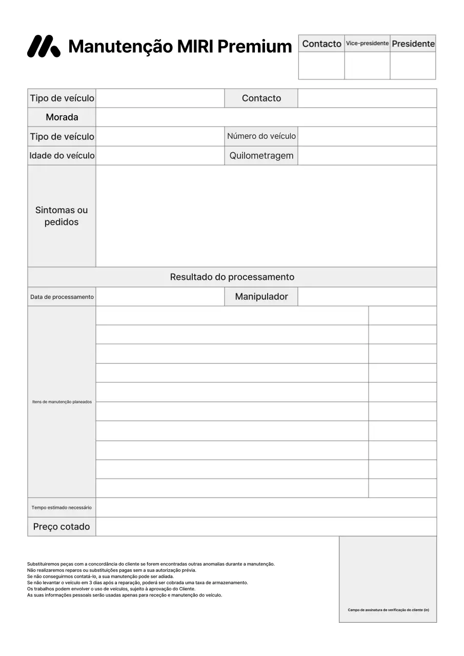 Relatório de recepção de reparo de veículo automotivo limpo em preto e branco