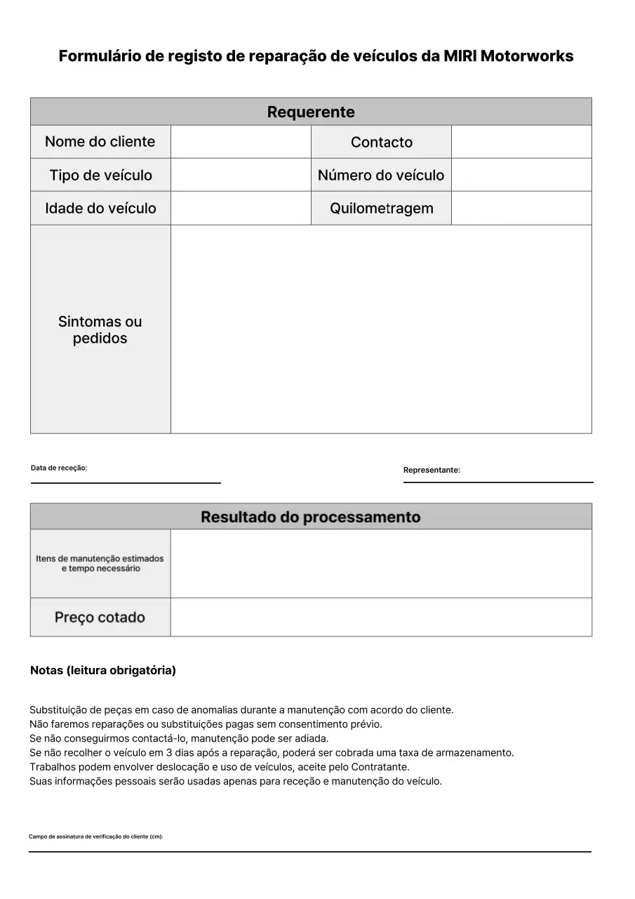 Relatório de recepção de reparo de veículo de centro automotivo simples branco e preto