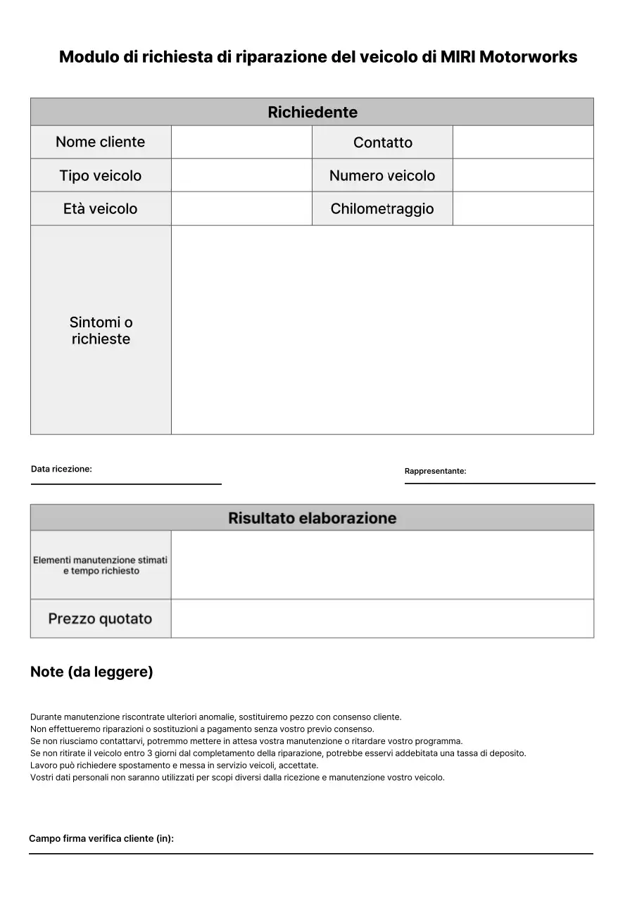 Rapporto di ricezione semplice per la riparazione di veicoli presso un centro auto bianco e nero
