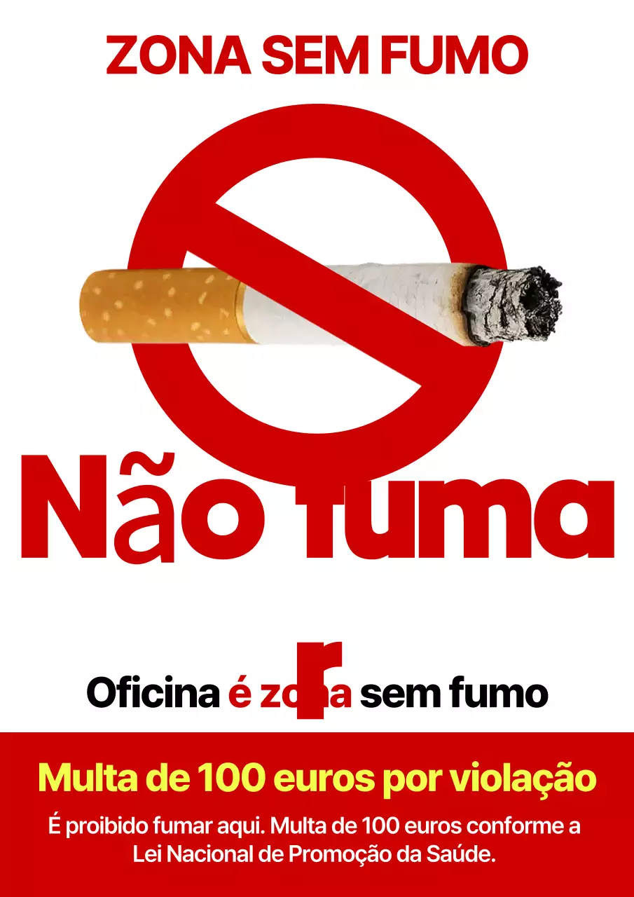 Aviso de área proibida para fumantes em oficina de manutenção limpa em vermelho e branco