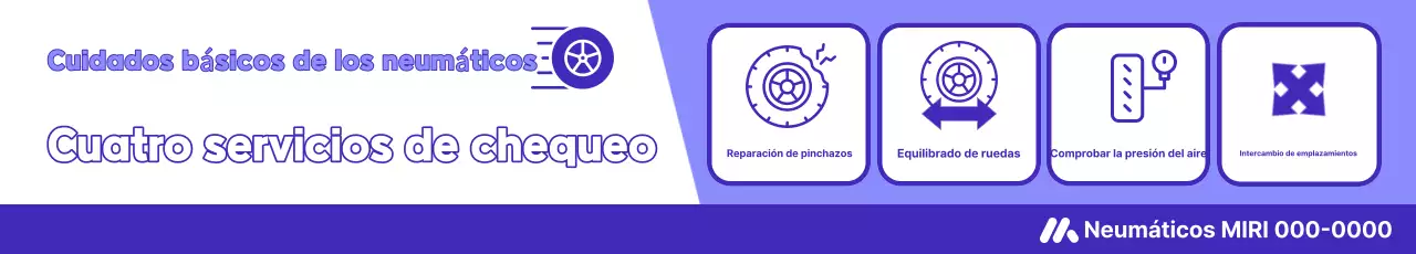 Promoción sencilla de servicio de inspección de neumáticos en tonos morados y blancos.