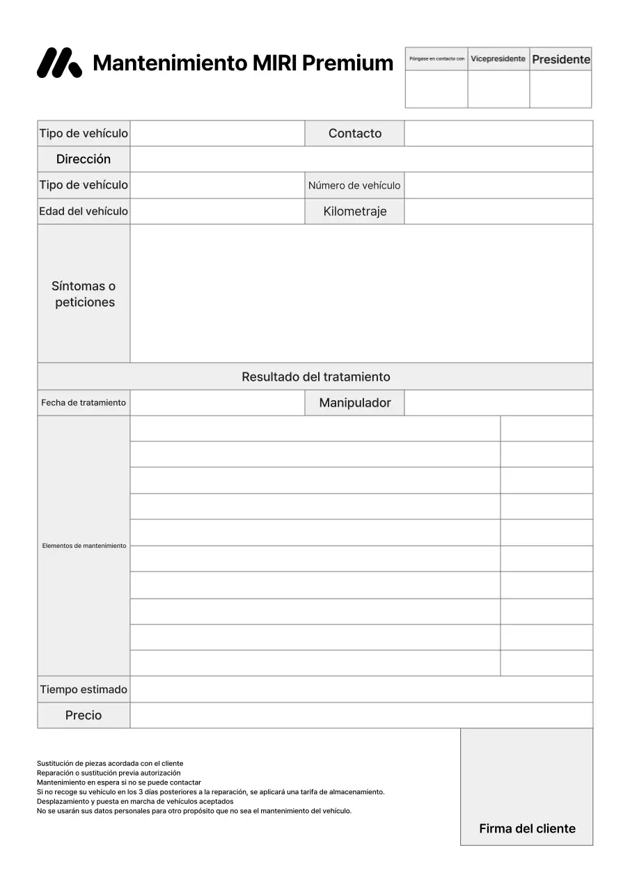 Informe de recepción de reparación de vehículos de centro de coches limpios en blanco y negro