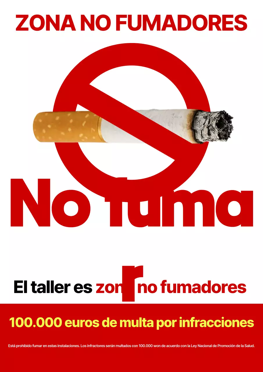 Aviso de no fumar en el taller de mantenimiento limpio rojo y blanco