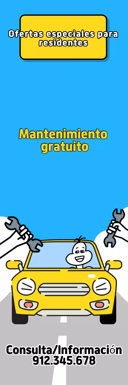 Anuncio de arte pop en azul cielo y amarillo que ofrece beneficios de inspección de vehículos gratuita para residentes locales.