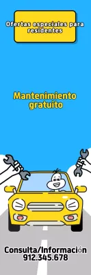Anuncio de arte pop en azul cielo y amarillo que ofrece beneficios de inspección de vehículos gratuita para residentes locales.