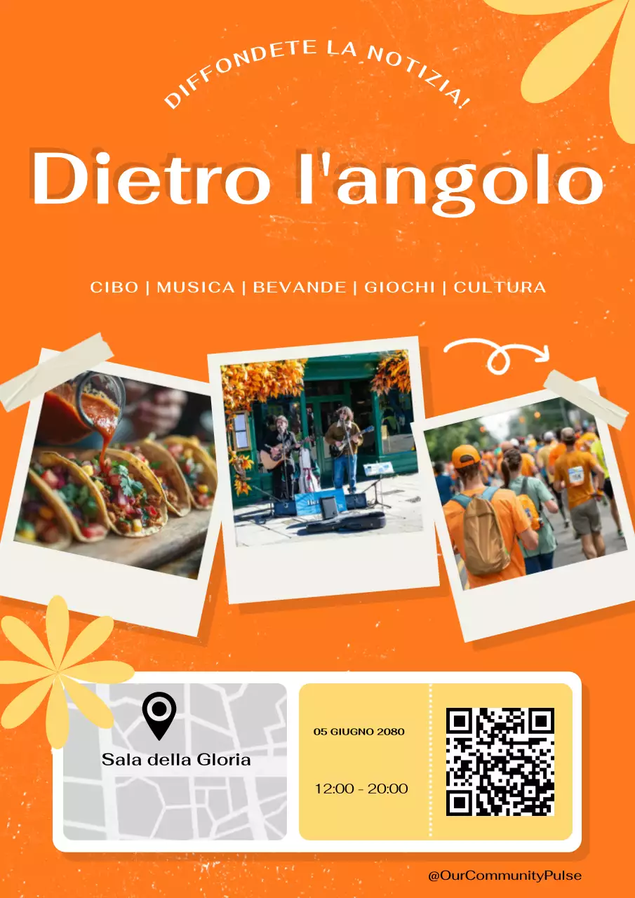 Manifesto arancione e giallo per un evento comunitario locale moderno