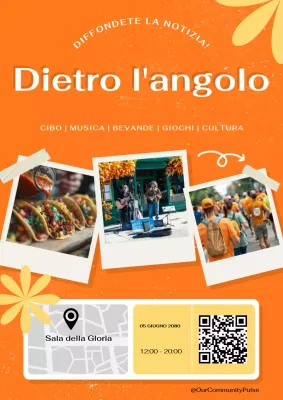 Manifesto arancione e giallo per un evento comunitario locale moderno