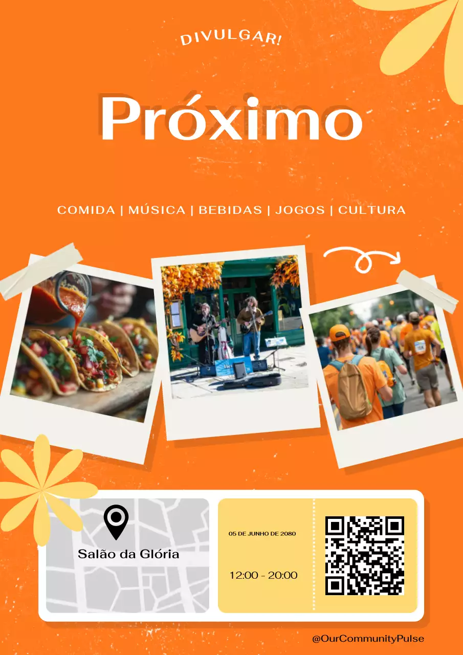 Cartaz de evento comunitário local moderno laranja e amarelo