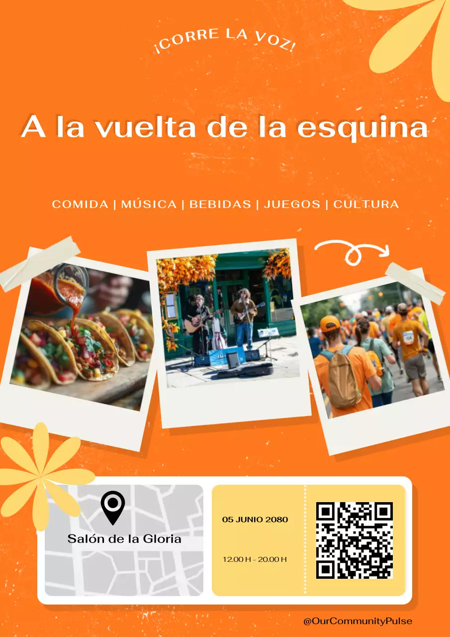 Cartel moderno de evento comunitario local en naranja y amarillo