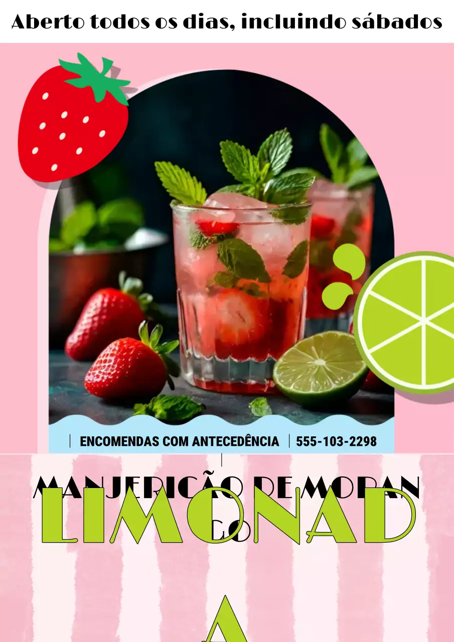 Cartaz de promoção de negócios locais com limonada de morango e manjericão