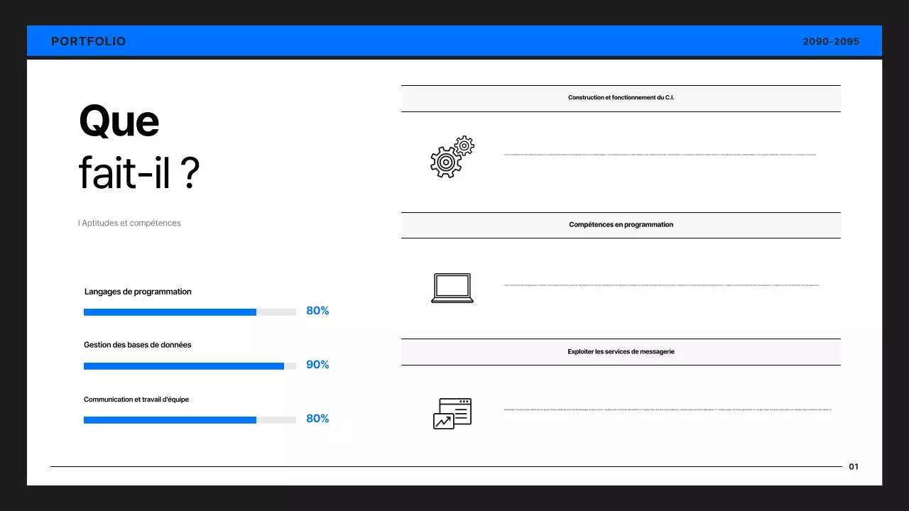 Portfolio de développeur simple en noir et bleu