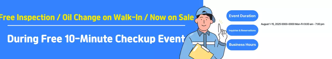 Anúncio para um evento de inspeção gratuita em um centro automotivo azul e branco limpo