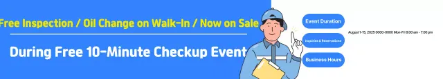 Anúncio para um evento de inspeção gratuita em um centro automotivo azul e branco limpo