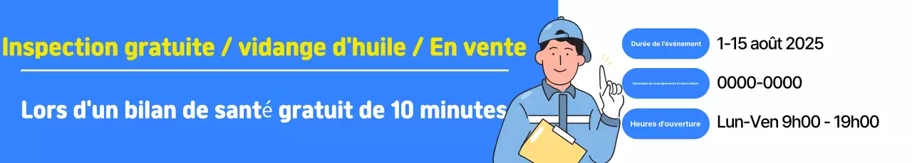 Publicité pour un événement d'inspection gratuite dans un centre automobile bleu et blanc propre