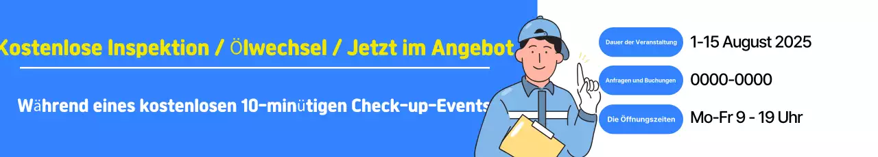 Werbung für eine kostenlose Inspektionsveranstaltung in einem sauberen, blau-weißen Autozentrum