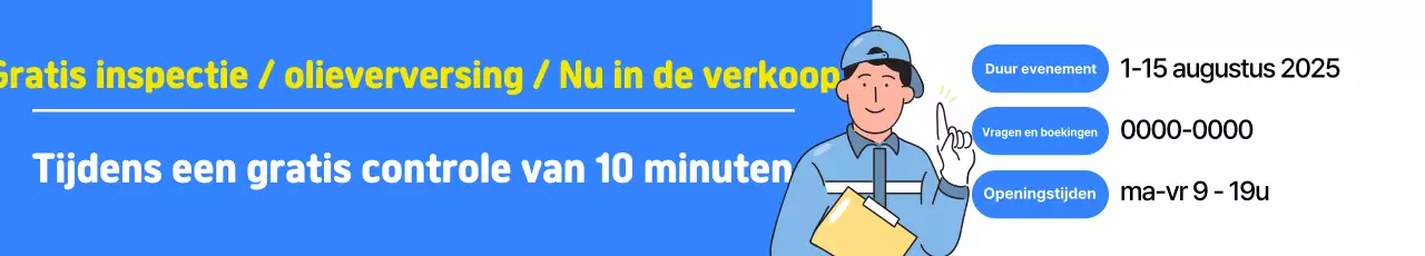 Advertentie voor een gratis inspectie-evenement bij een schoon blauw-wit autocentrum