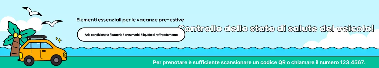 Pubblicità estiva di un servizio di revisione auto in stile pop art in azzurro e verde