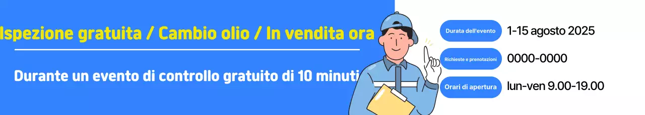 Pubblicità per un evento di ispezione gratuita di un centro auto blu e bianco pulito