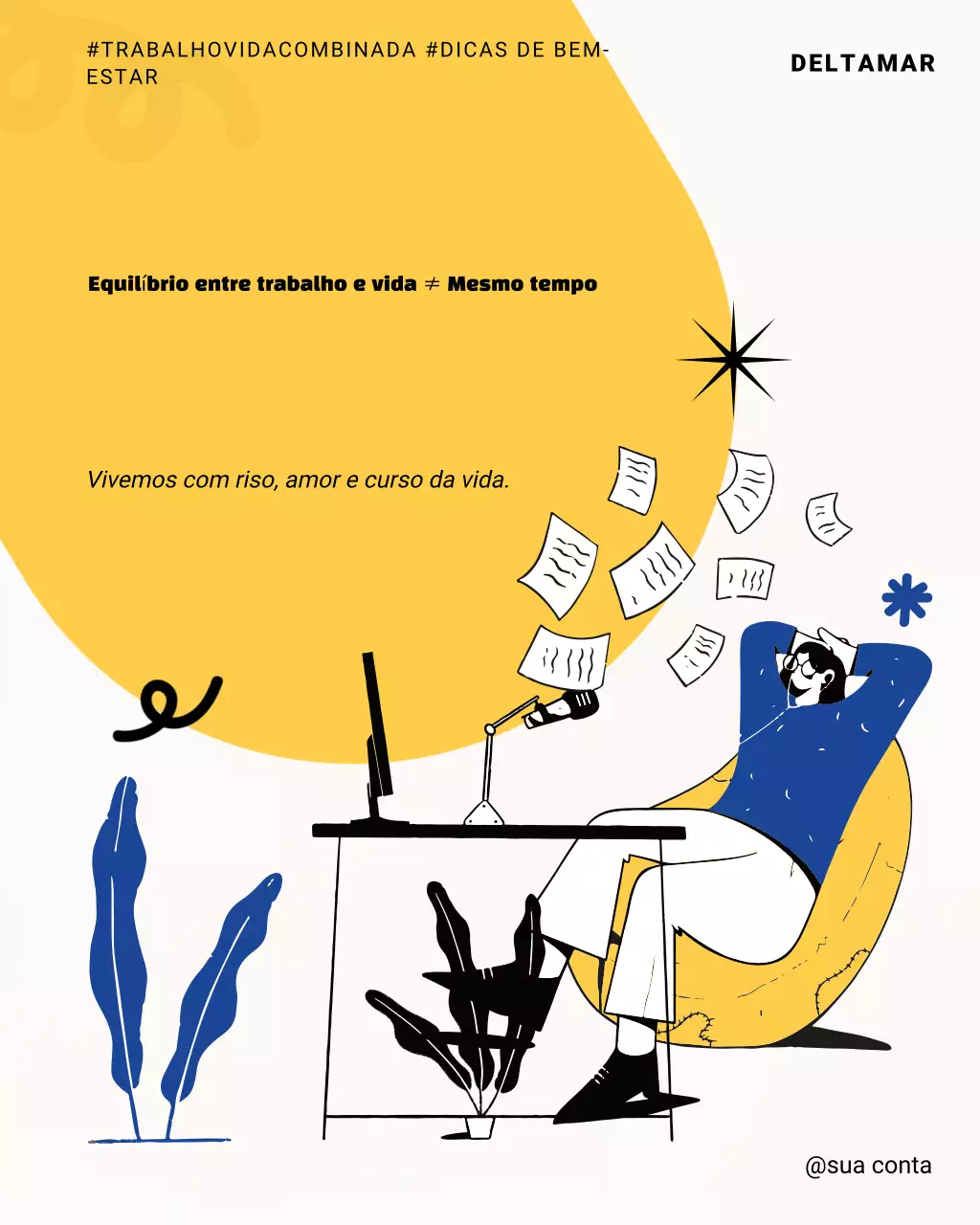 Postagem amarela moderna sobre equilíbrio entre vida pessoal e profissional
