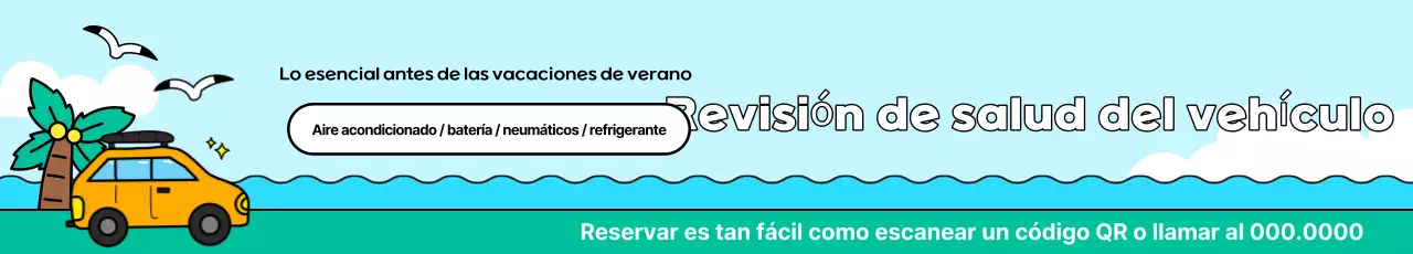 Anuncio de servicio de revisión de coches de verano en estilo pop art en azul cielo y verde.