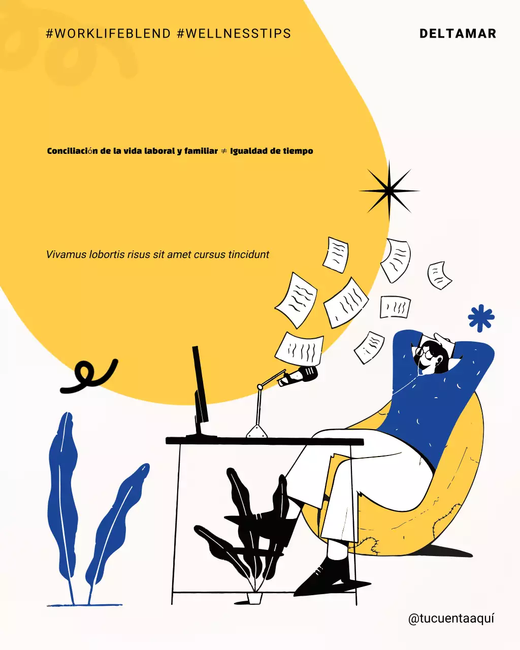 Publicación de Instagram sobre el equilibrio entre vida laboral y personal en amarillo