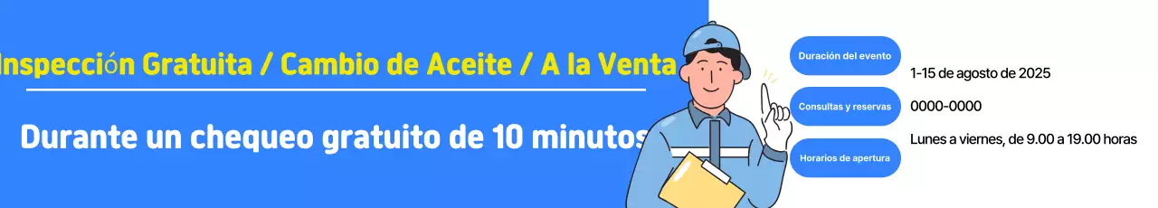 Anuncio de un evento de inspección gratuita en un centro de autos limpios de color azul y blanco.