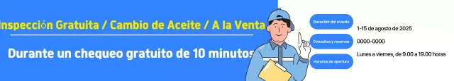 Anuncio de un evento de inspección gratuita en un centro de autos limpios de color azul y blanco.