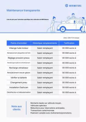 Guide des tarifs d'entretien de voiture Sky Blue Clean