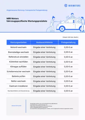 Preislistenleitfaden für die Autopflege von Sky Blue Clean