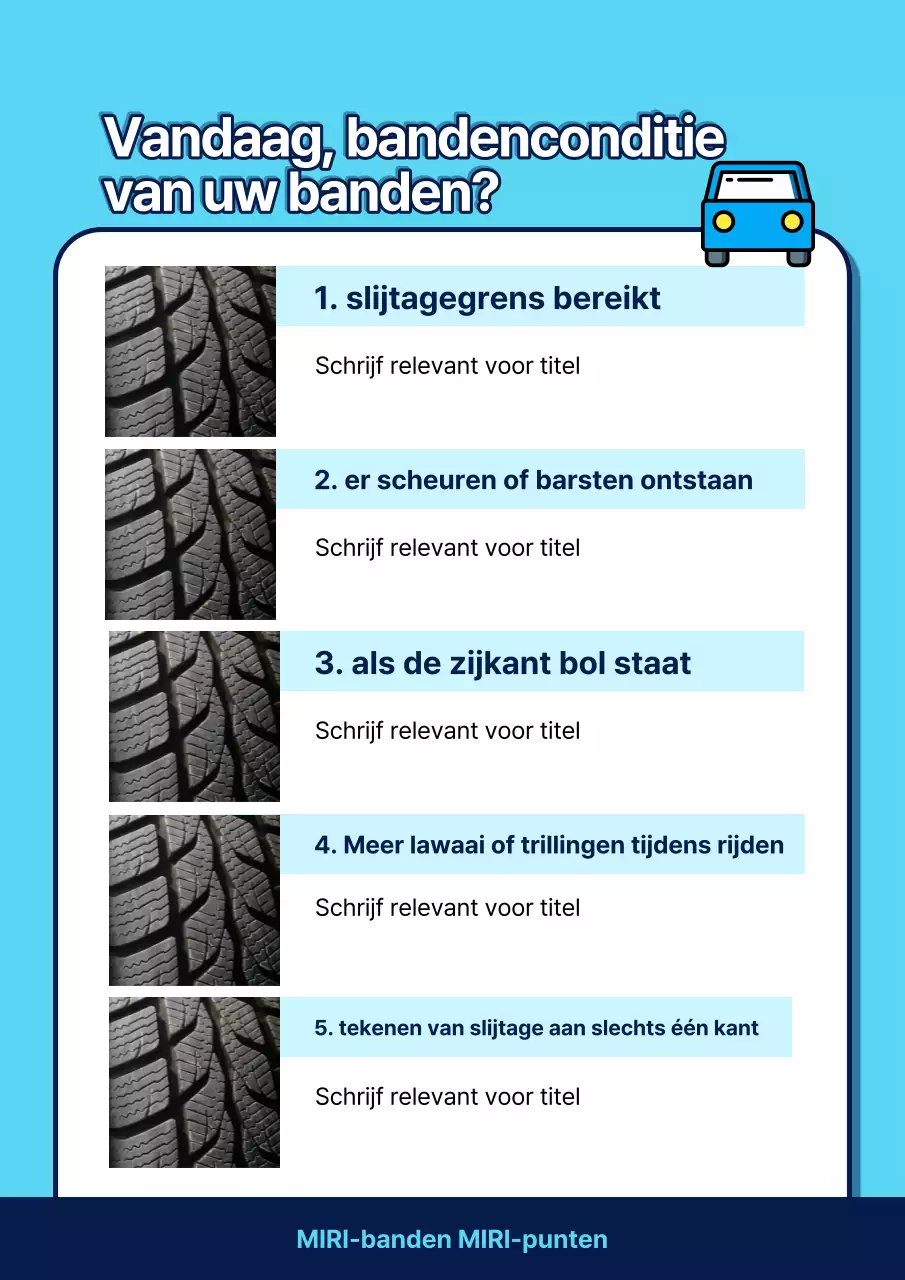 Pop-art bandenconditiecontrole-informatie in hemelsblauw en wit
