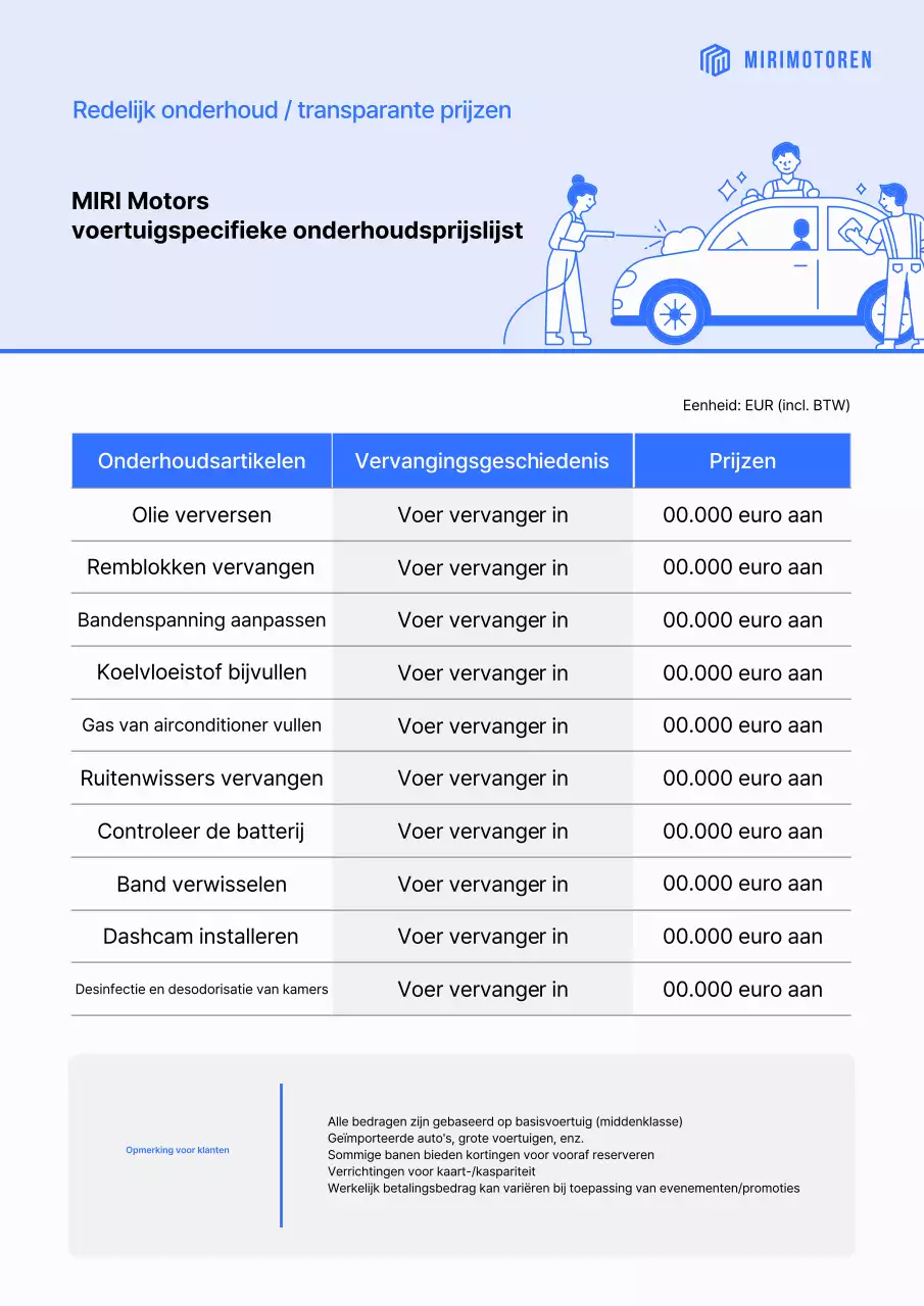 Sky Blue Clean Car Onderhoudsprijslijstgids