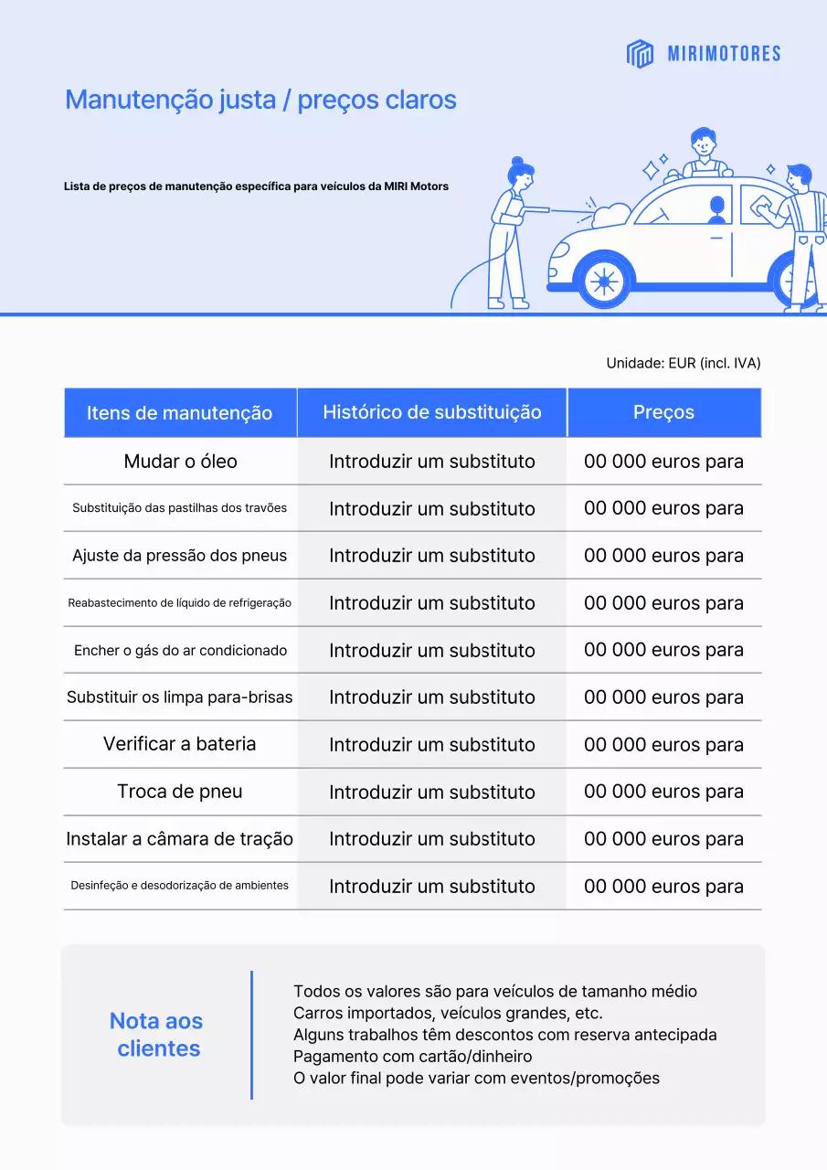 Guia de lista de preços de manutenção de carros limpos Sky Blue